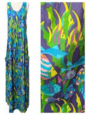 Handmade Vintage? Womens Size L Blue Sea Life Fishes Pockets Sleeveless Sundress
